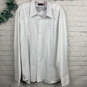 QUIKSILVER White Button Up Long Sleeve Shirt Star Patch Pattern size Large